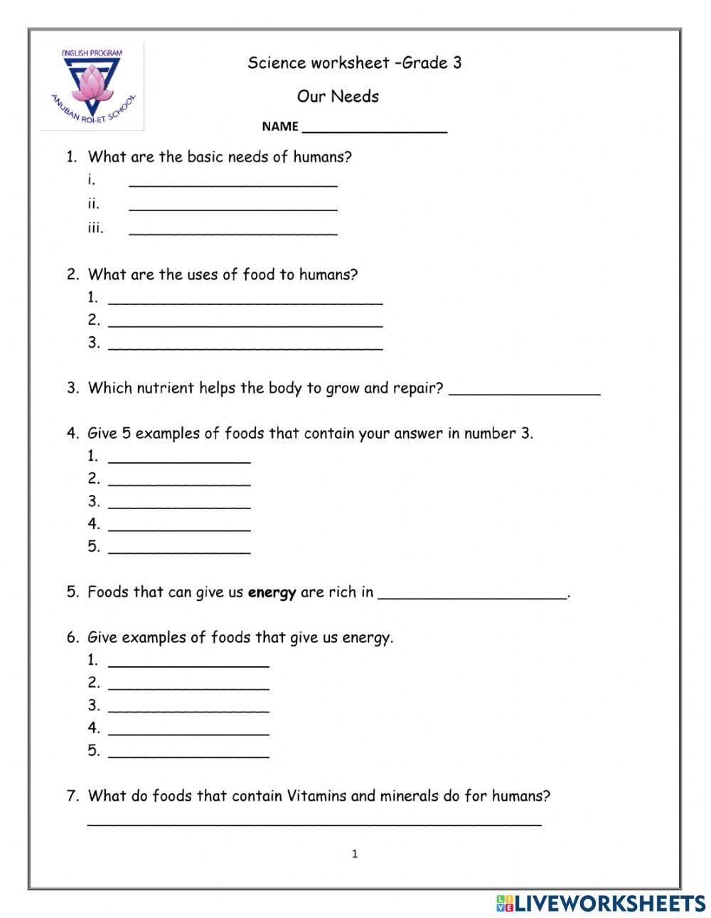 6660058 | HUMAN NEEDS GRADE 3 | Kwin | LiveWorksheets