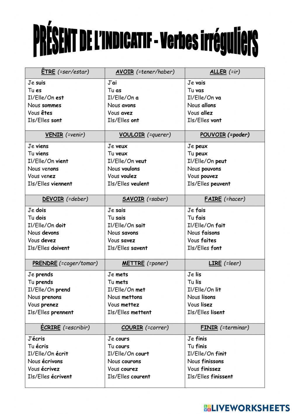 Les Verbe Au Present De L Indicatif Présent de l'indicatif - verbes irréguliers worksheet | Live Worksheets