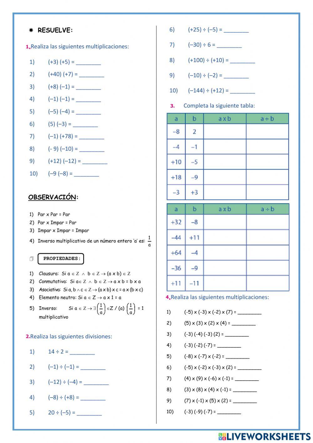 Multiplicación y división con números enteros