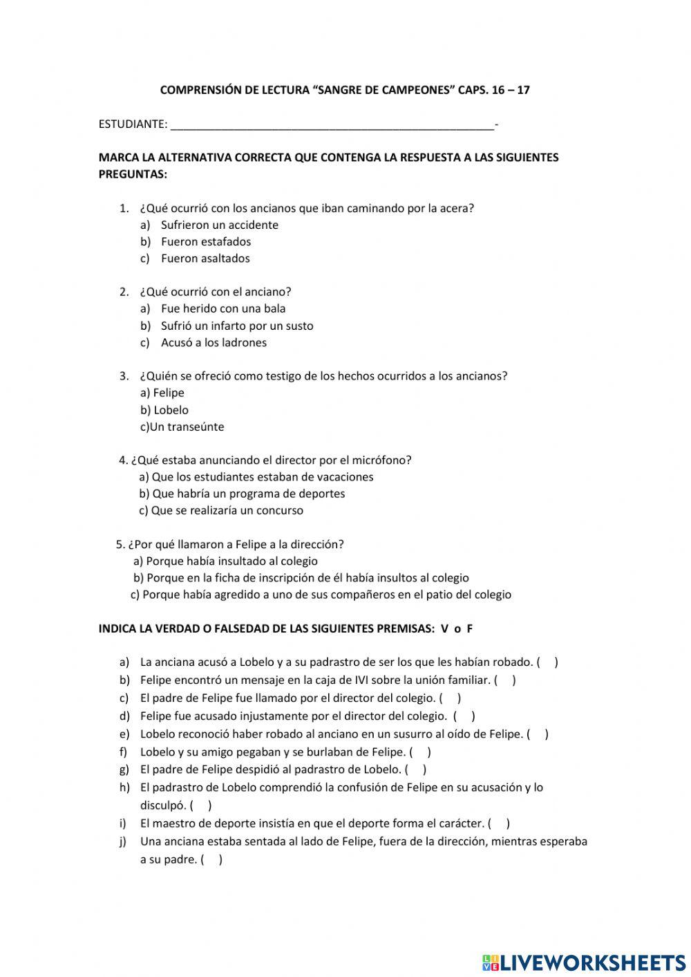 Comprensión lectora Sangre de campeones