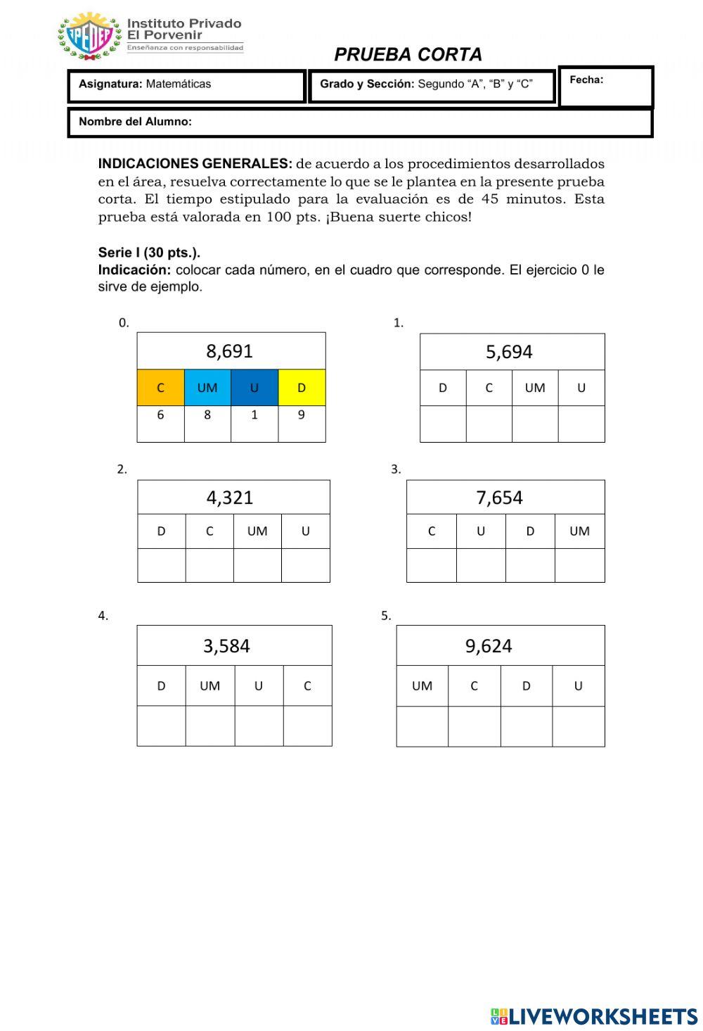 Prueba Corta 3ra. Unidad Matemáticas 