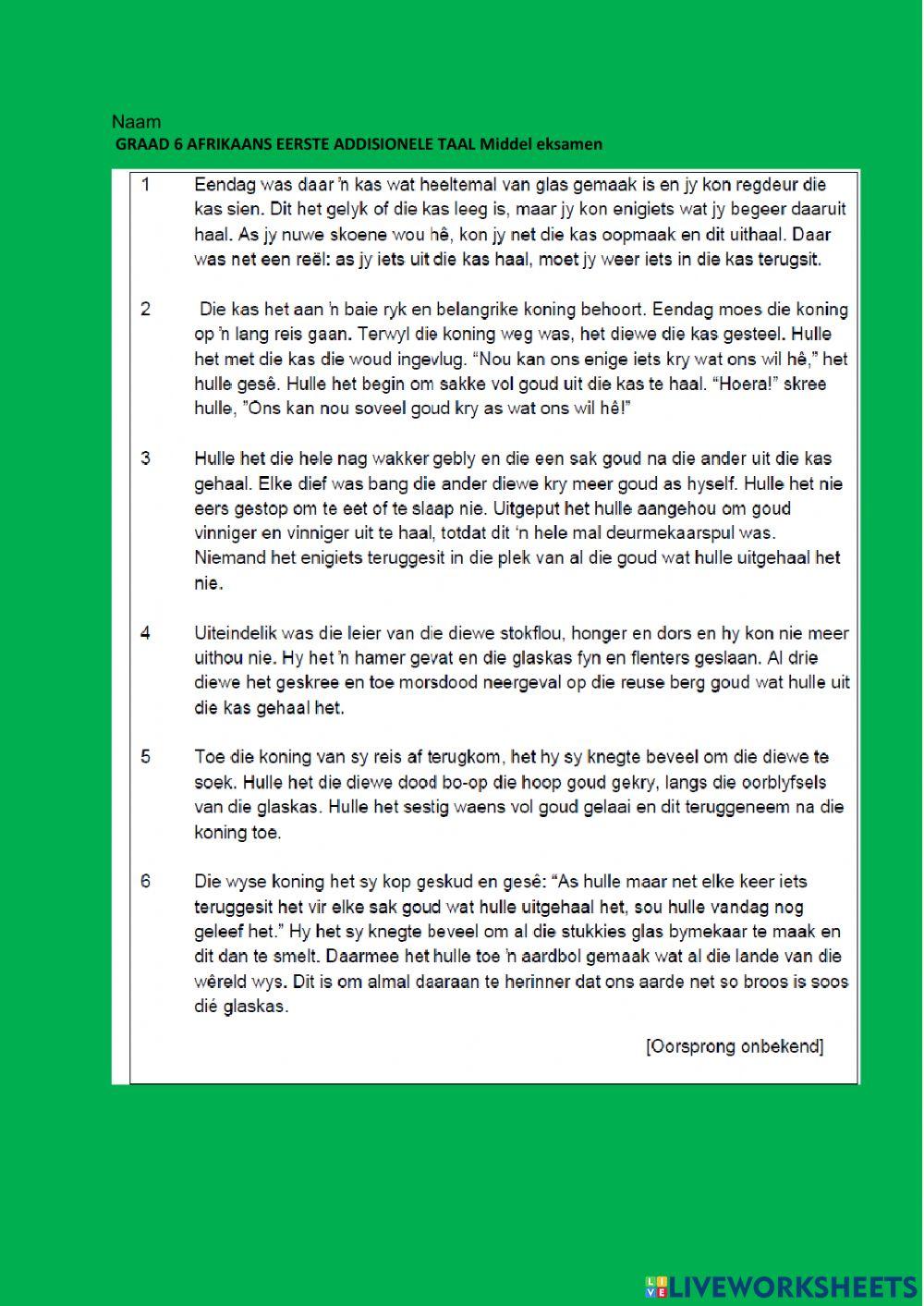 1171066 | Middel exam Afrikaans grade 6 part 1 exam paper