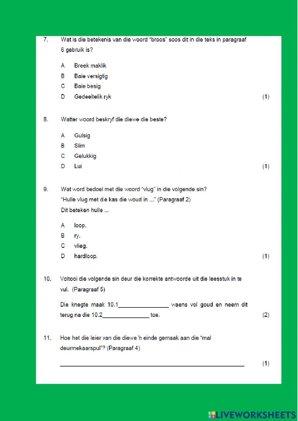 1171066 Middel exam Afrikaans grade 6 part 1 exam paper