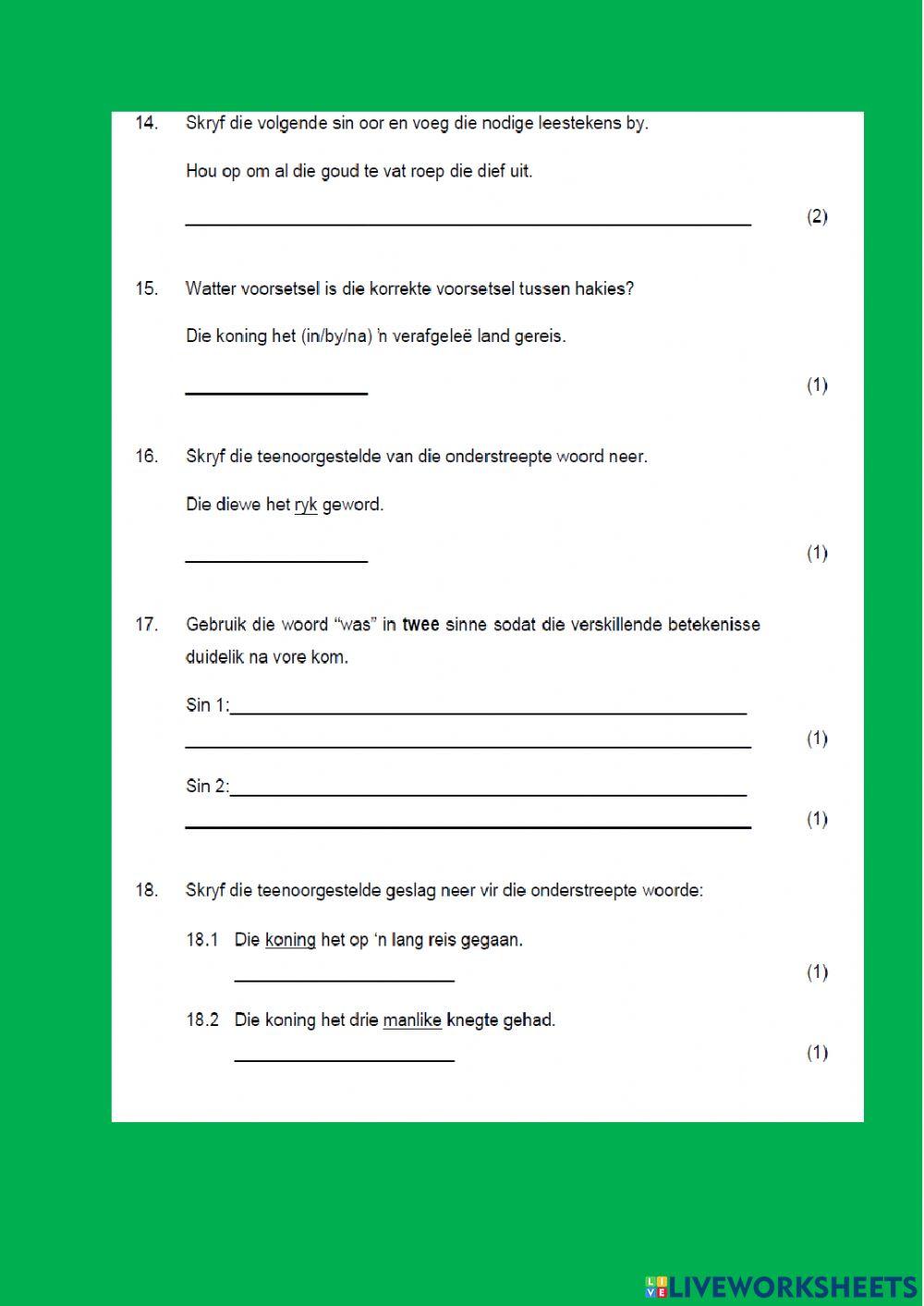 Middel exam Afrikaans grade 6 part 1 exam paper 1