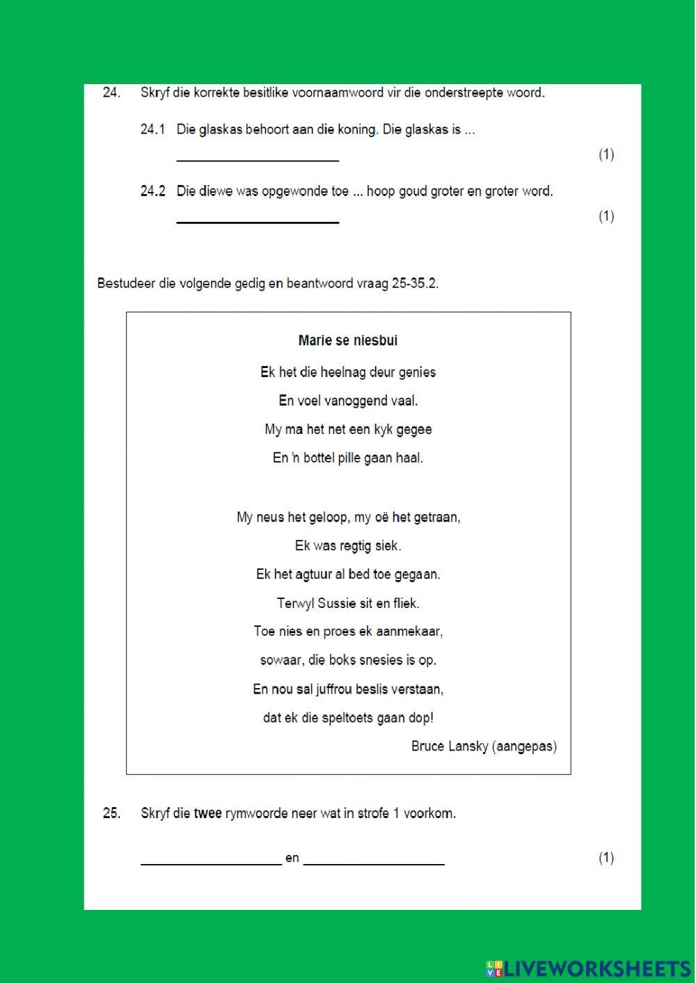 Middel exam Afrikaans grade 6 part 1 exam paper 1