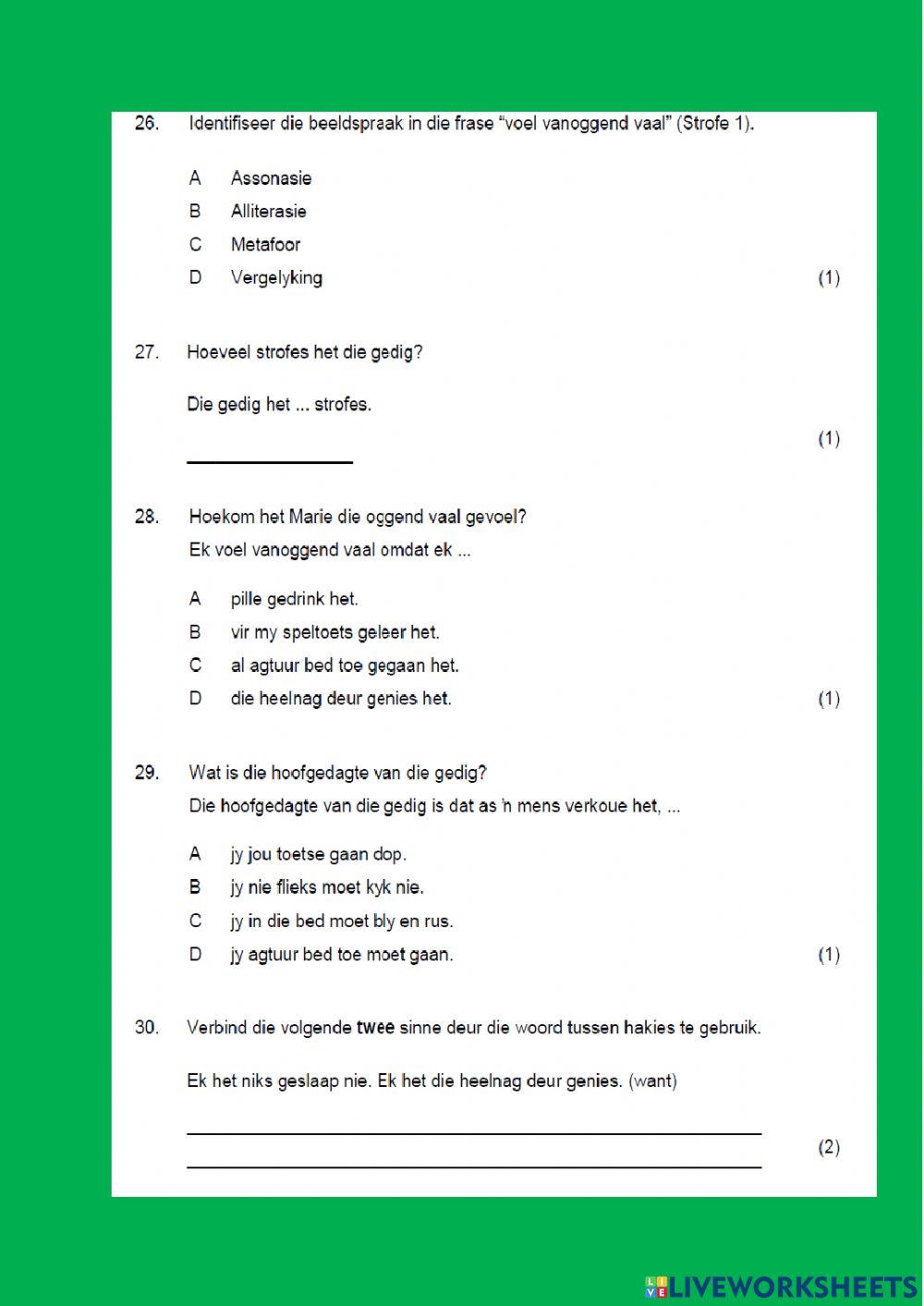 Afrikaans Exam Question Words