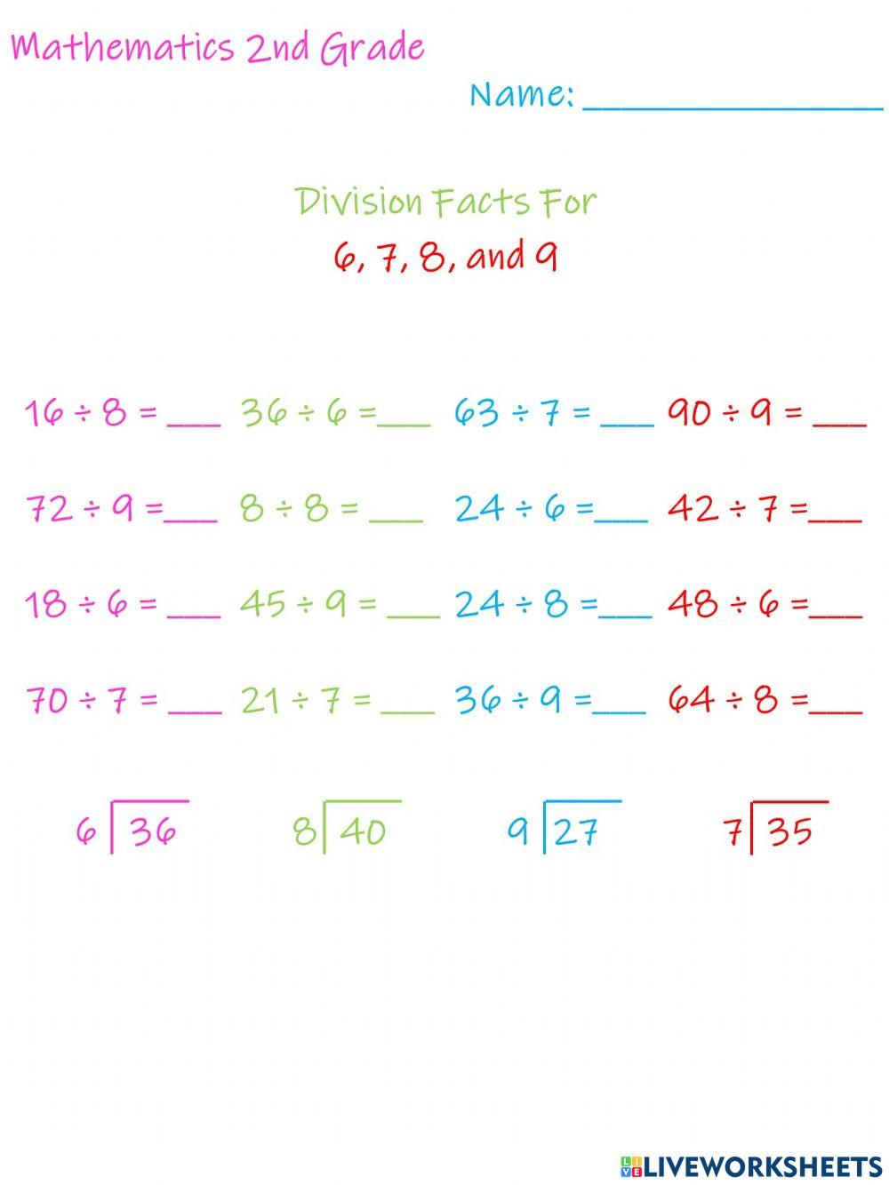 Division Facts For 6, 7, 8, and 9