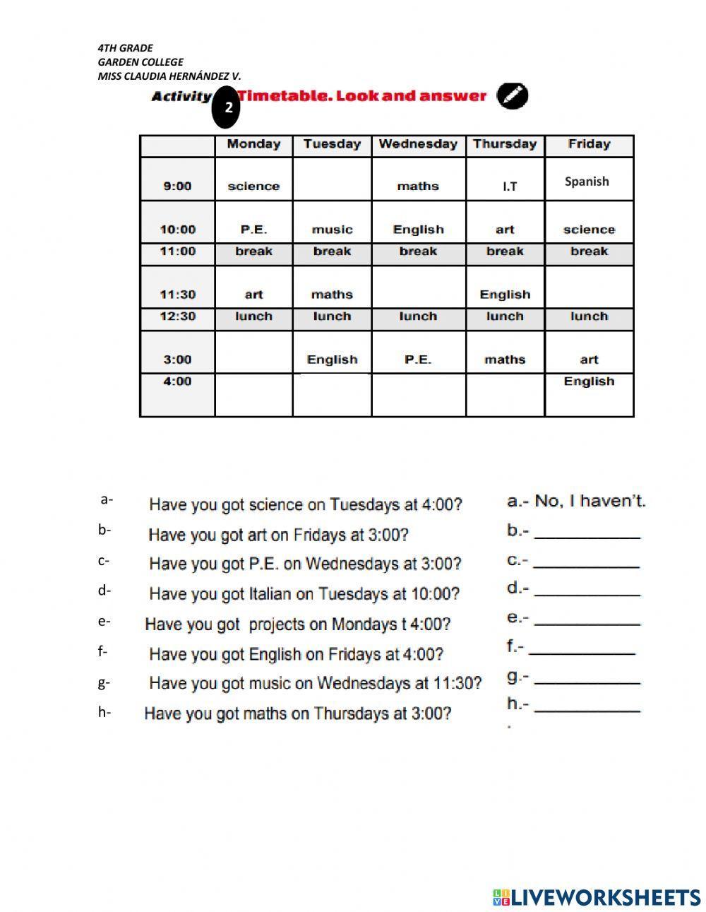Worksheet .School subject + Have got...
