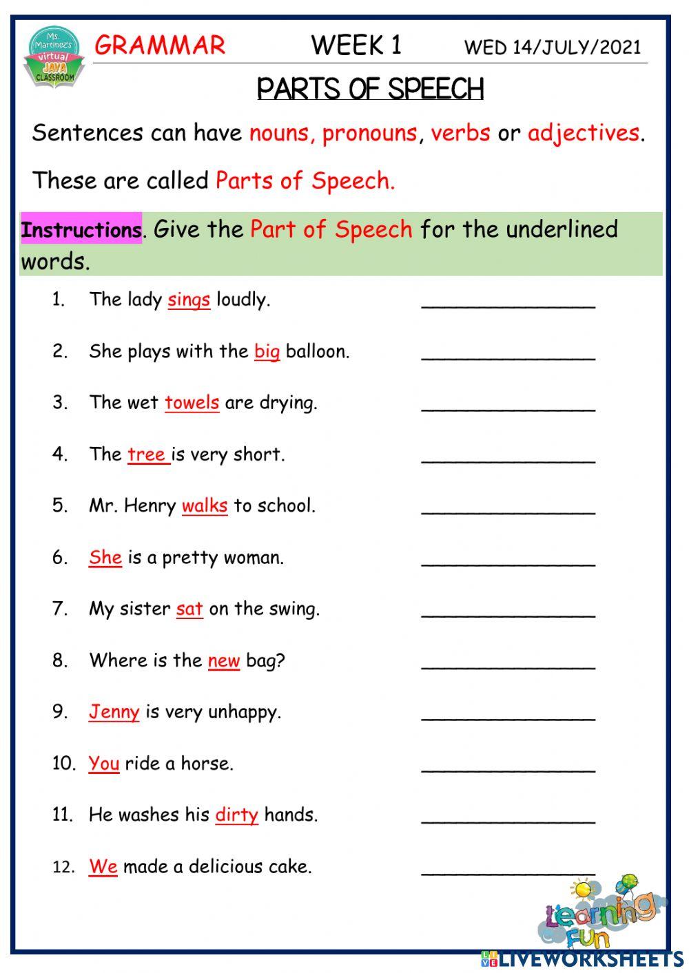 JAVA WEEK 1 GRAMMAR PARTS OF SPEECH