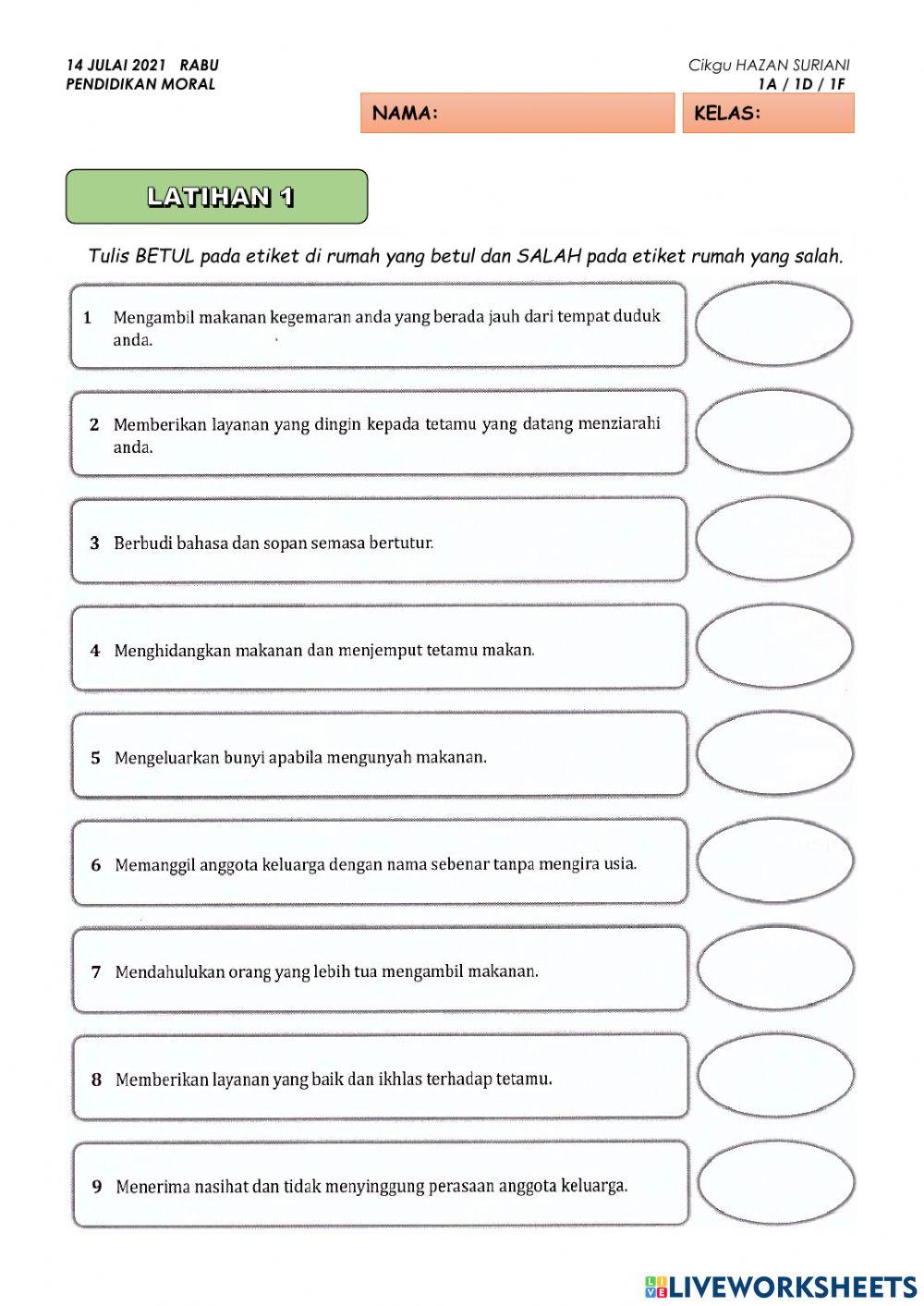 LATIHAN 1: Unit 13 - PATUHI ETIKET KELUARGA HARMONI