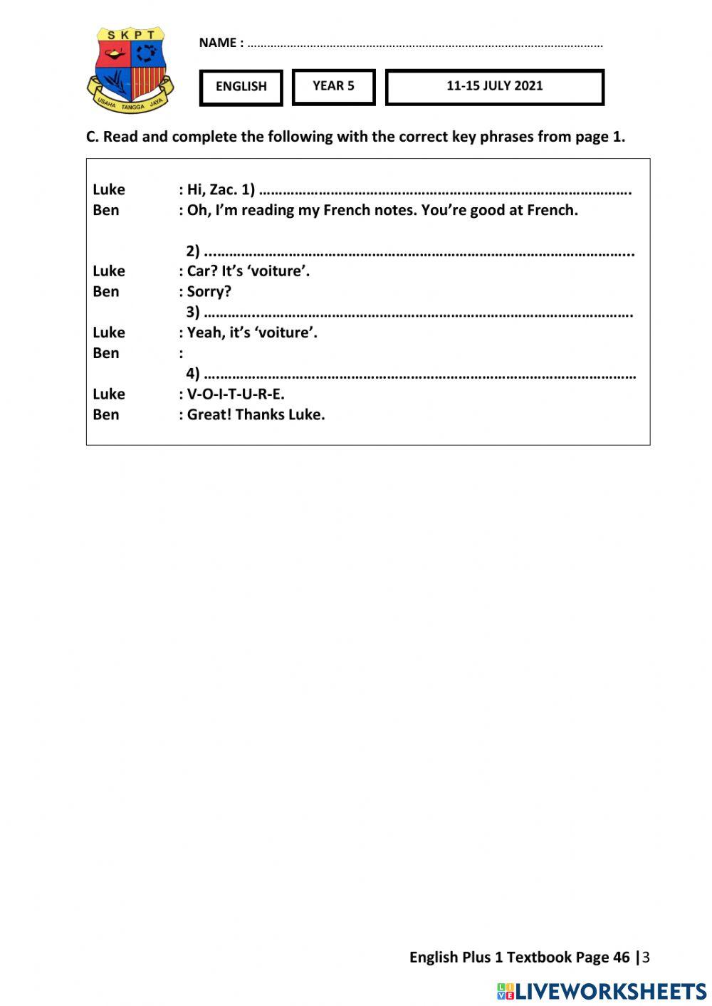 ENG Y5 Week 23 (11-15 JULY) Worksheets 2 Textbook page 48