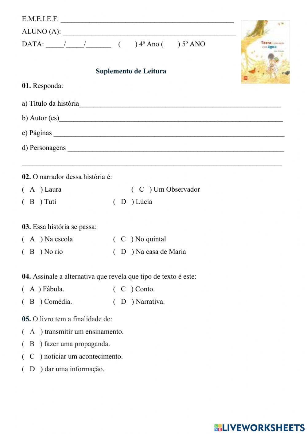 SUPLEMENTO DE LEITURA 1 LIVRO TERRA COSTURADA COM AGUA