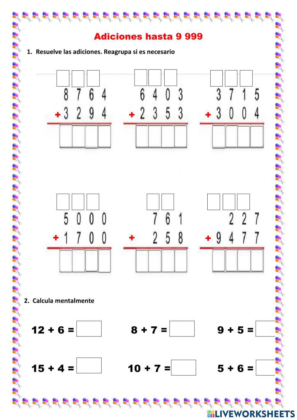 Adiciones de cuatro cifras Adiciones de cuatro cifras