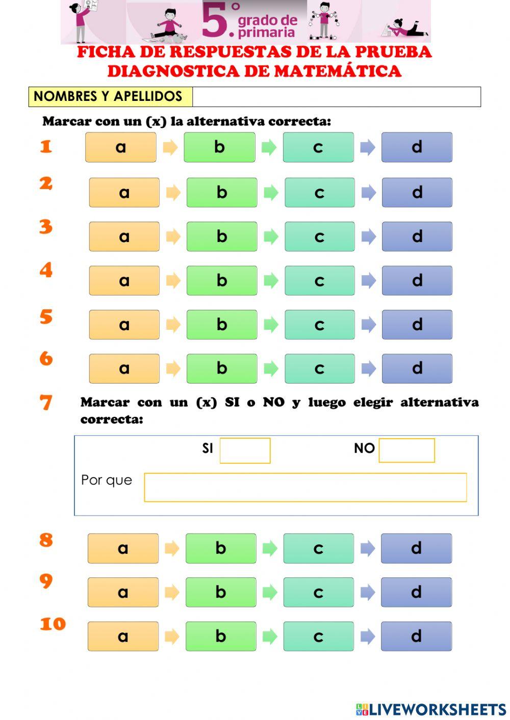 Ficha de respuestas de la prueba diagnostica de matemática