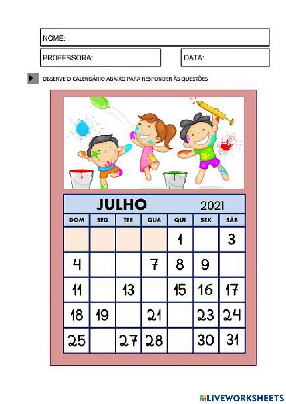Calendário Julho 2021