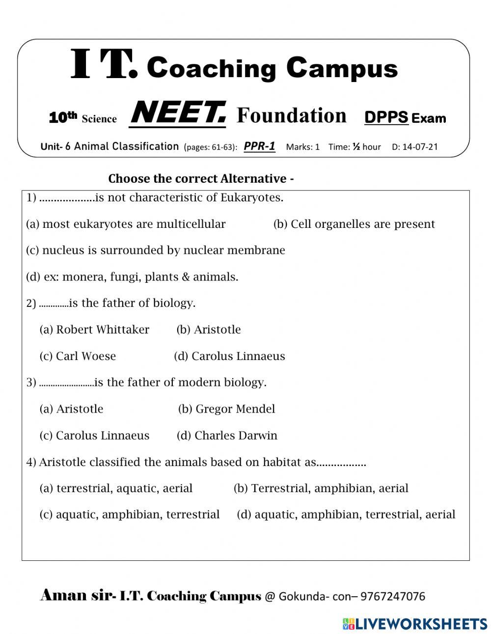 I.T. Coaching Campus- 10 6. Animals classification- Interactive Worksheet - 1