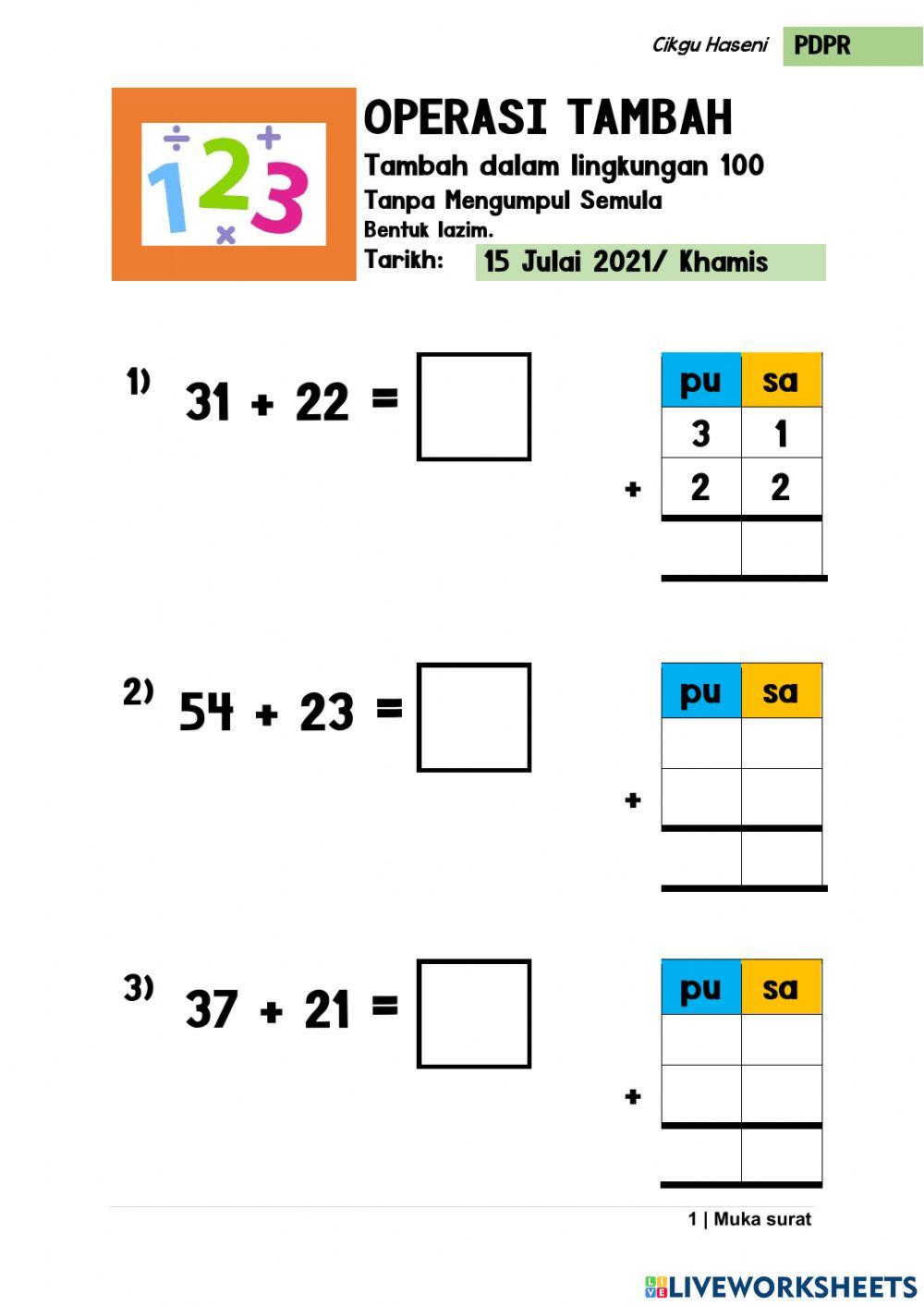 Tambah Dalam Lingkungan 100-Bentuk Lazim-2 Digit-Set 2