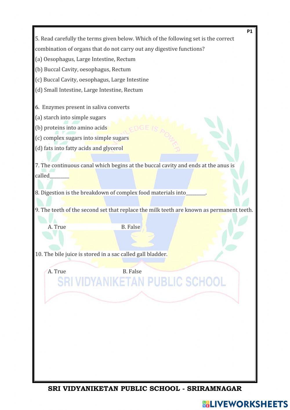 LIVE WORKSHEET 2 NUTRITION IN ANIAMLS UNIT 1