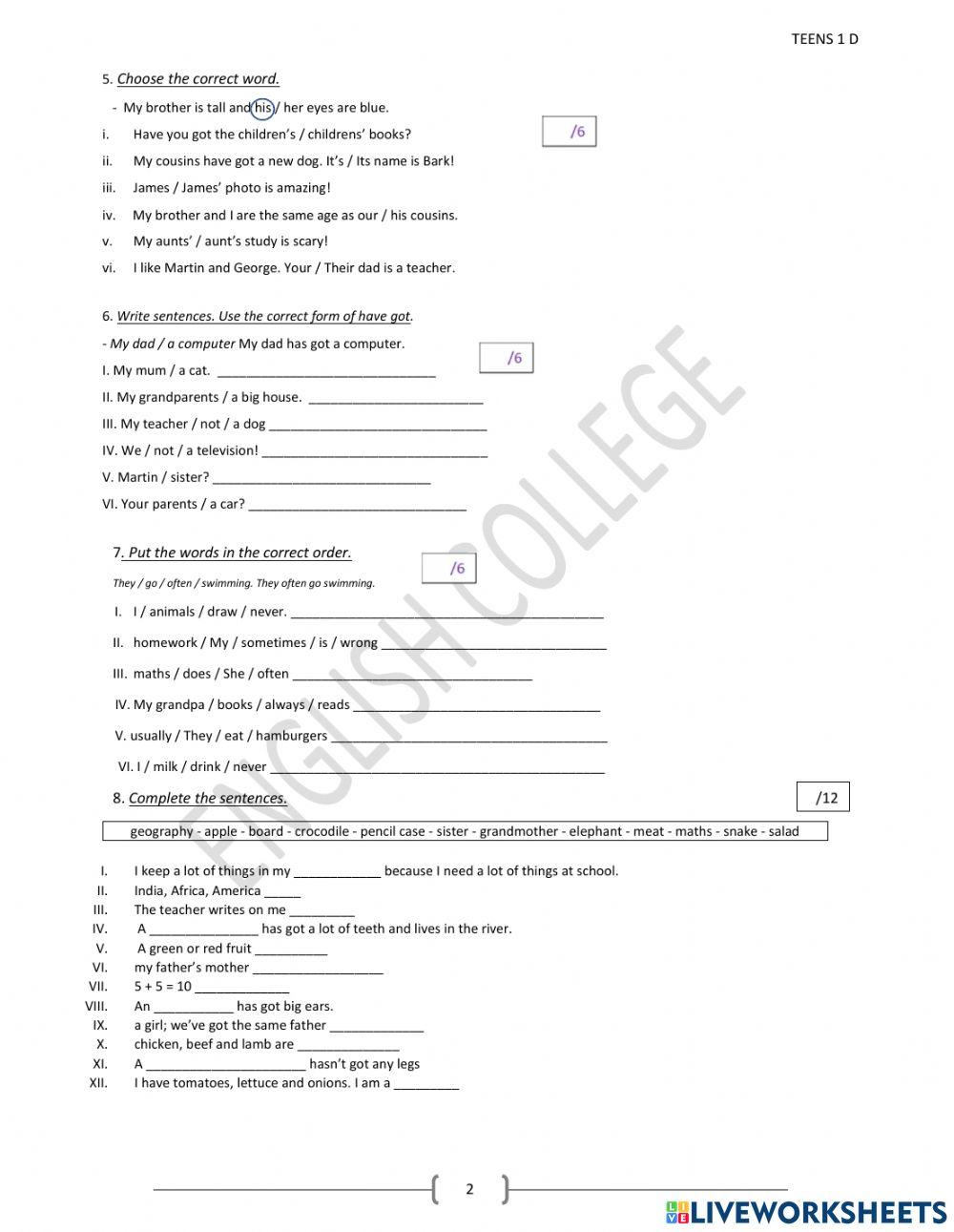 Teens 1 d worksheet | Live Worksheets