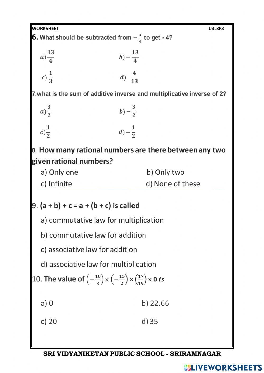 Rational number live worksheet