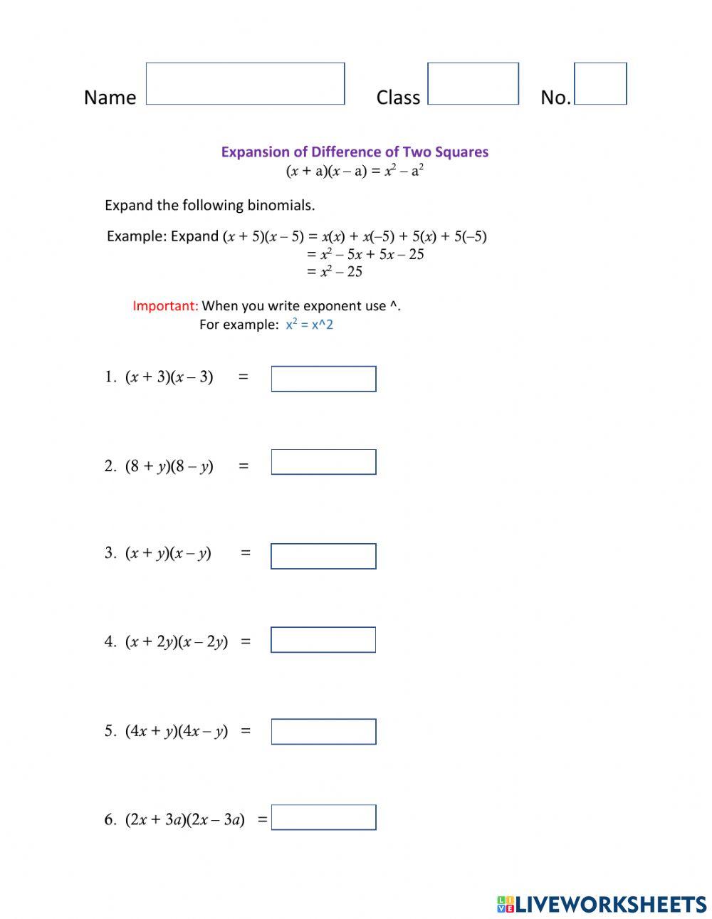 Expansion of Difference of Two Squares worksheet | Live Worksheets expansion-of-difference-of-two-squares-worksheet-live-worksheets