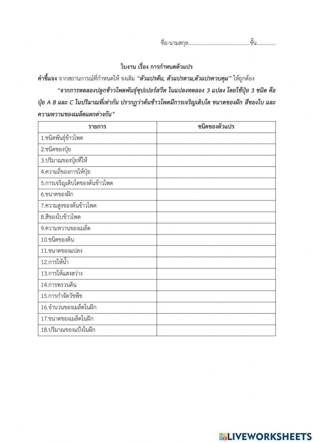 ใบงานการกำหนดตัวแปร