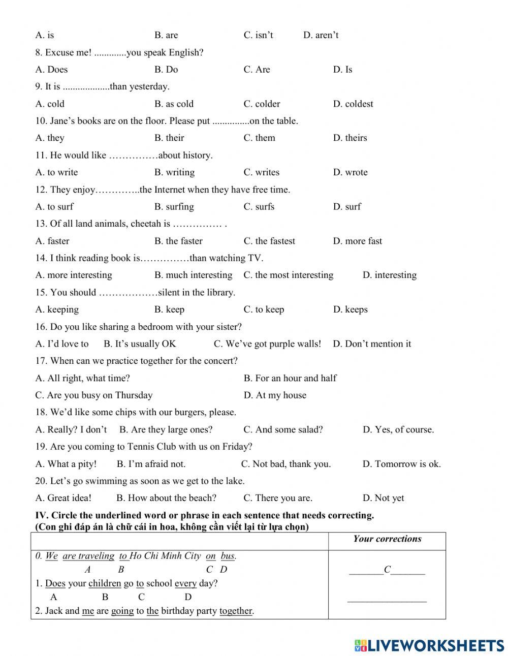 Placement test Grade 4