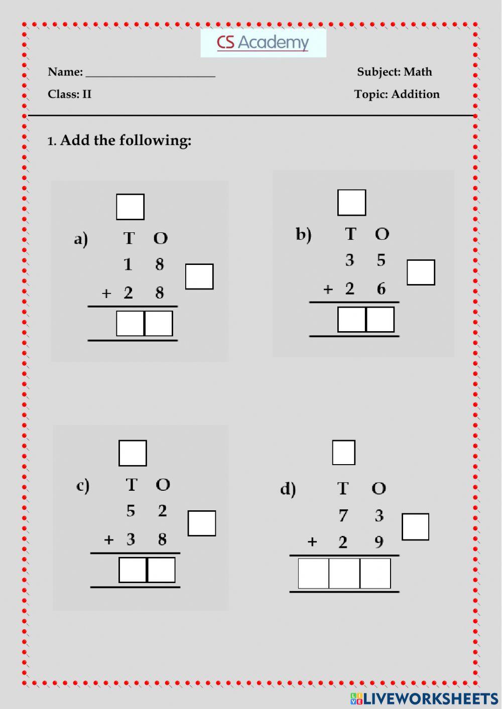 Addition online exercise for Grade 2 Live Worksheets