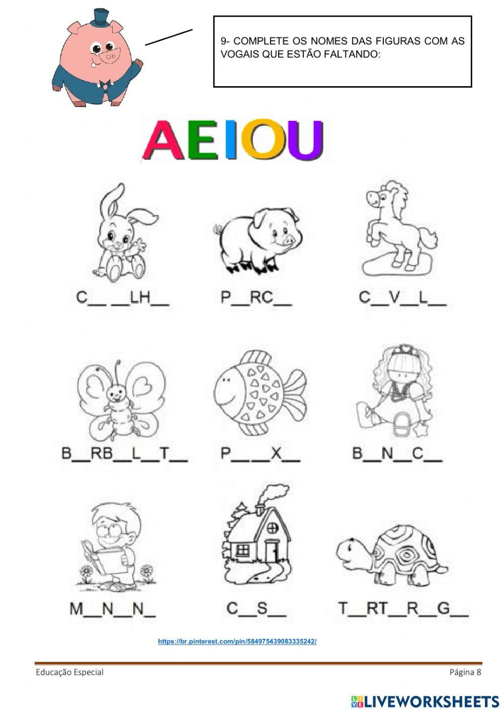 Alfabeto ilustrado, nome das figuras, trava-língua, lista de palavras, vogais.