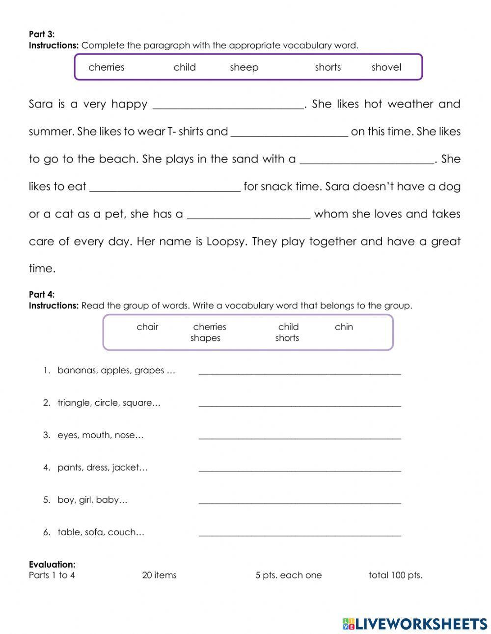 Words with sh and ch practice exercise
