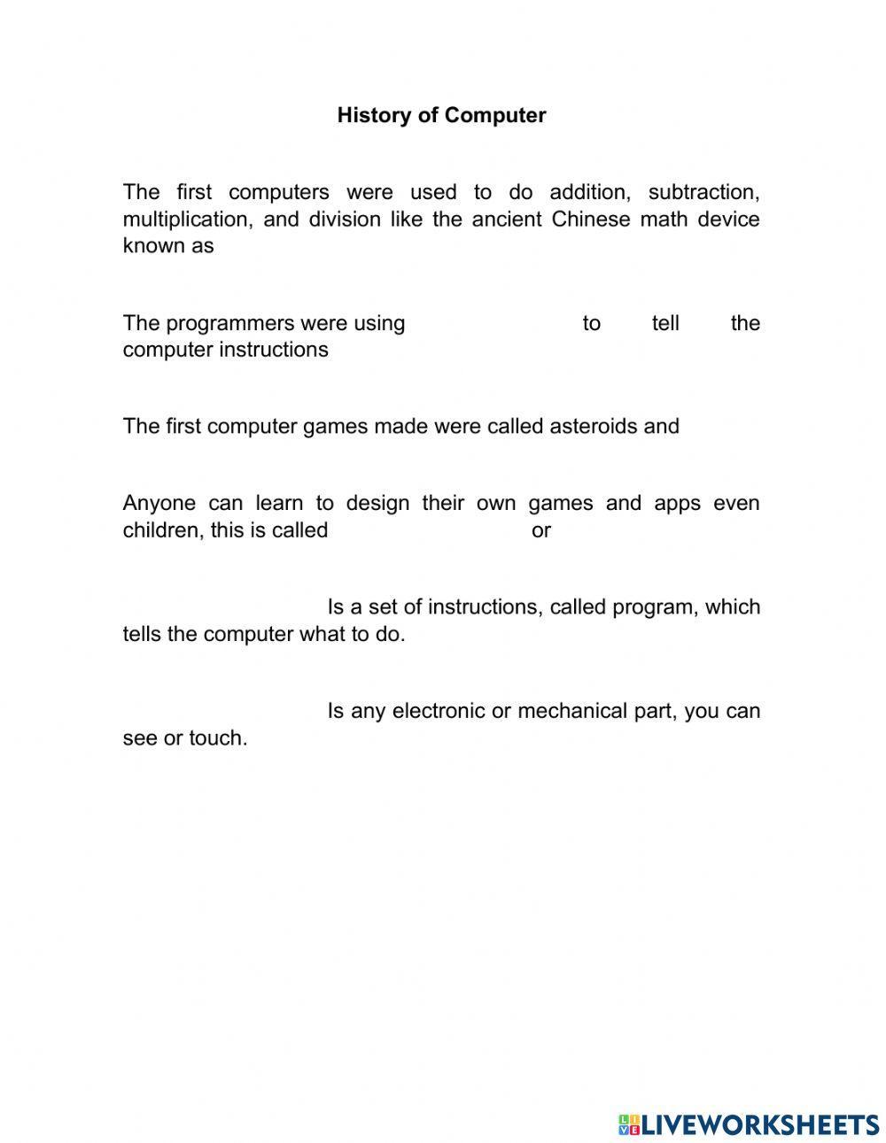 History of computer online worksheet live worksheets