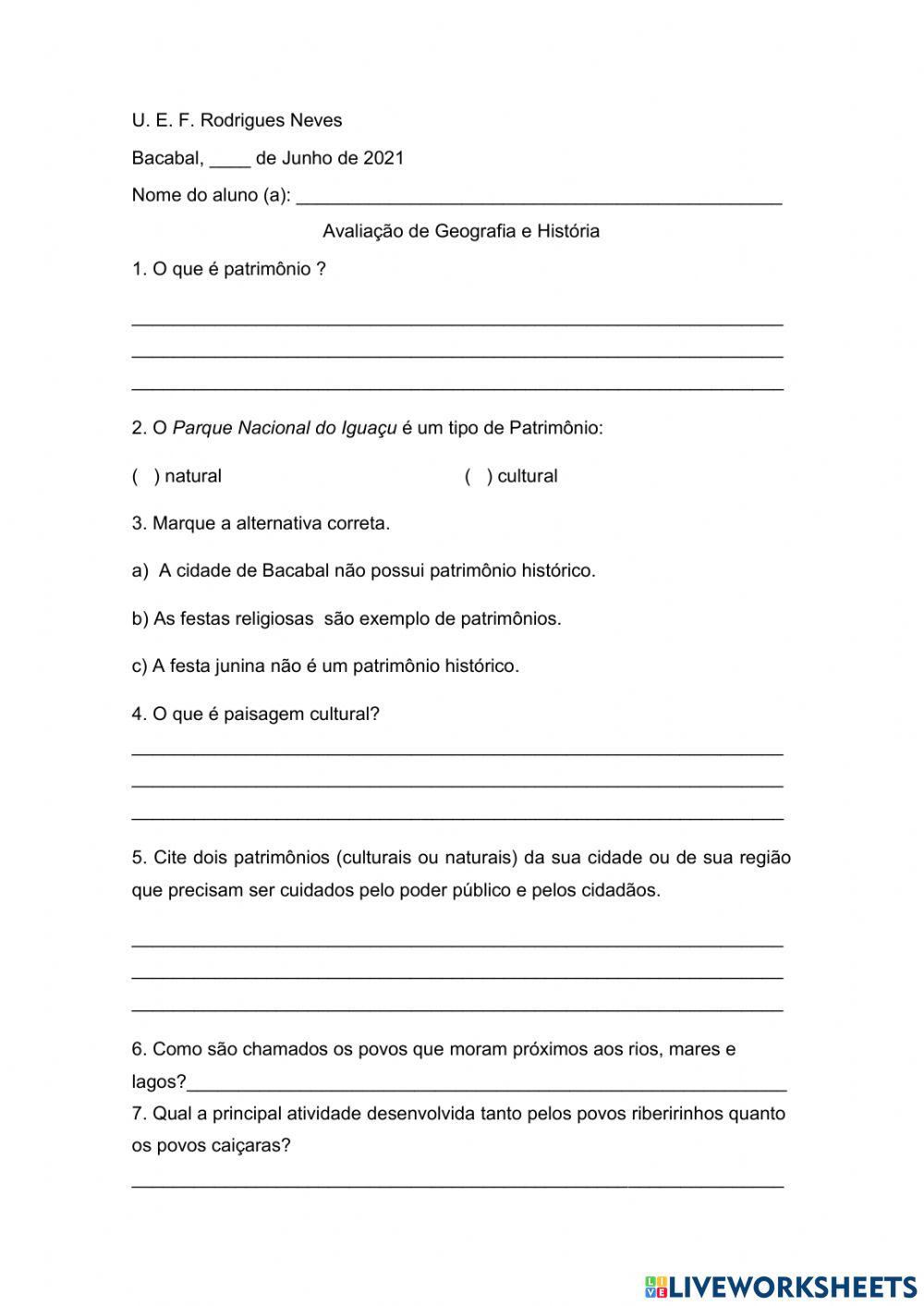 Avaliação de geografia e história 3 ano