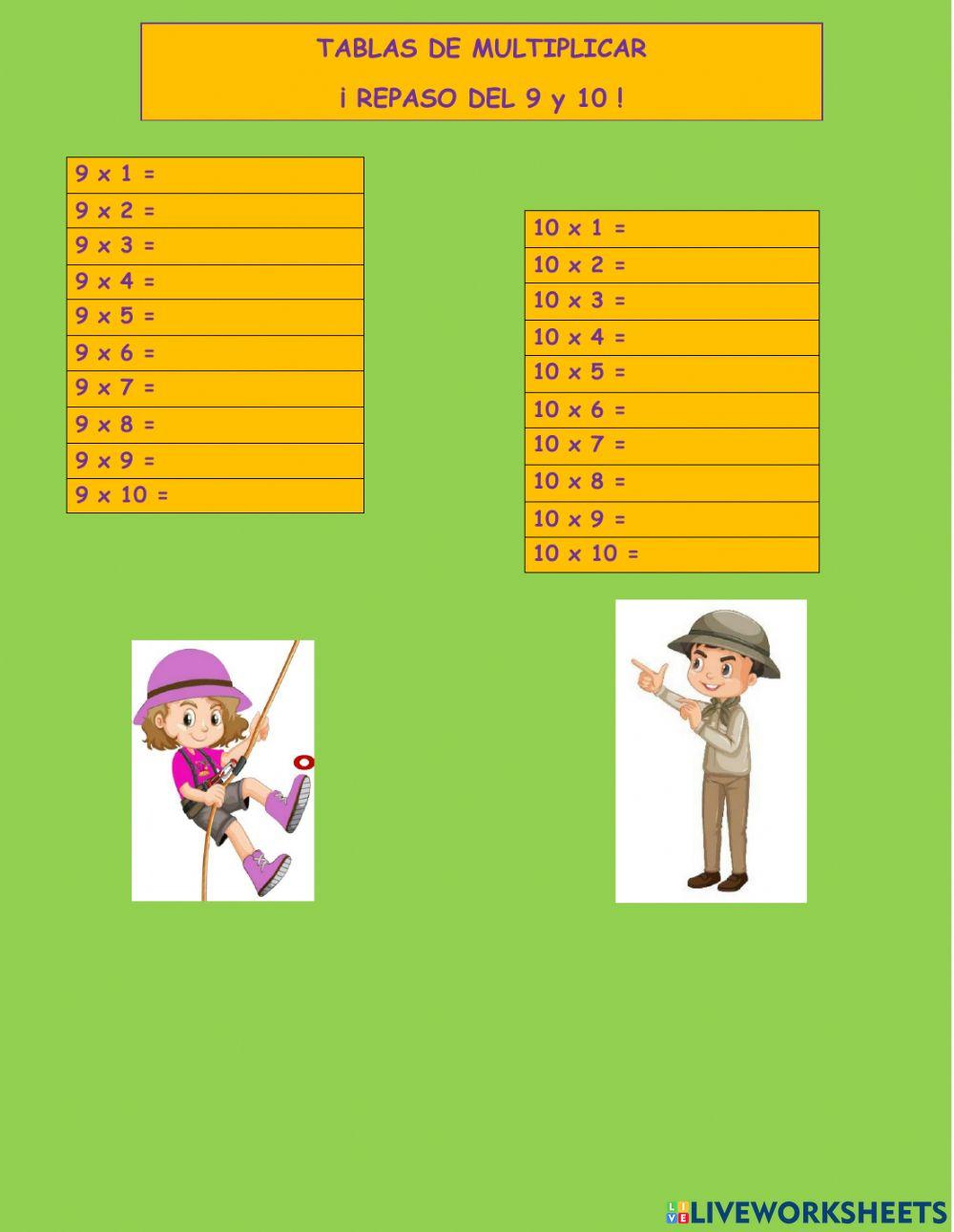 Tablas de Multiplicar del 9 y 10