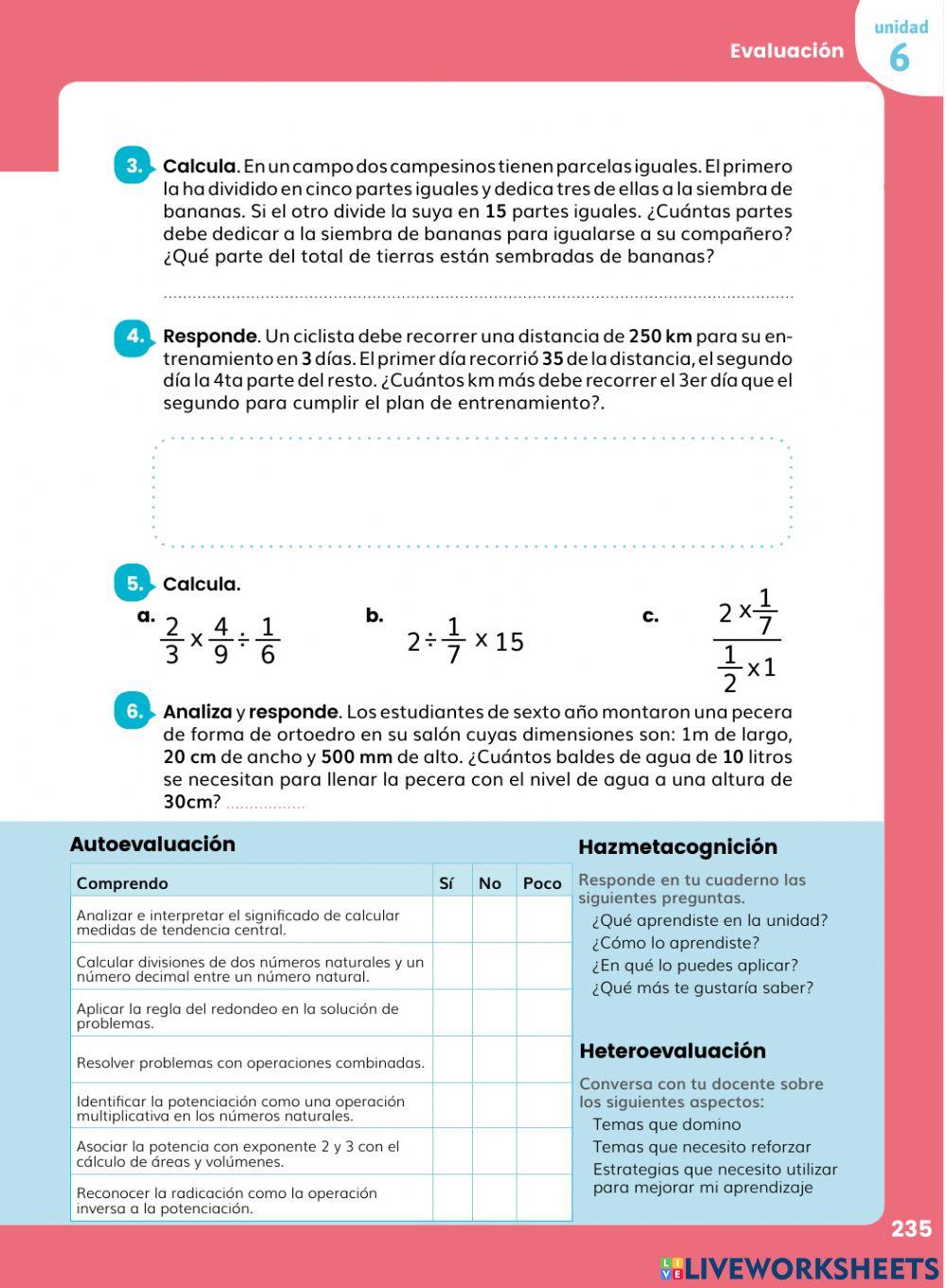 Matemática 6EGB Unidad 6 Evaluemos online exercise for