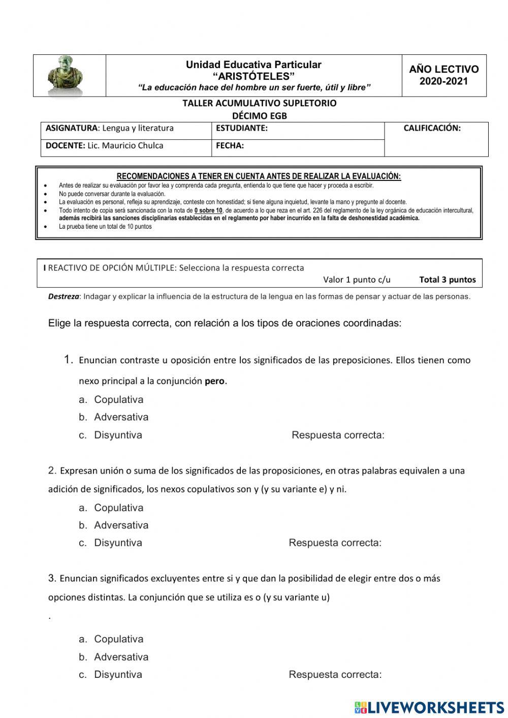 Taller supletorio décimo