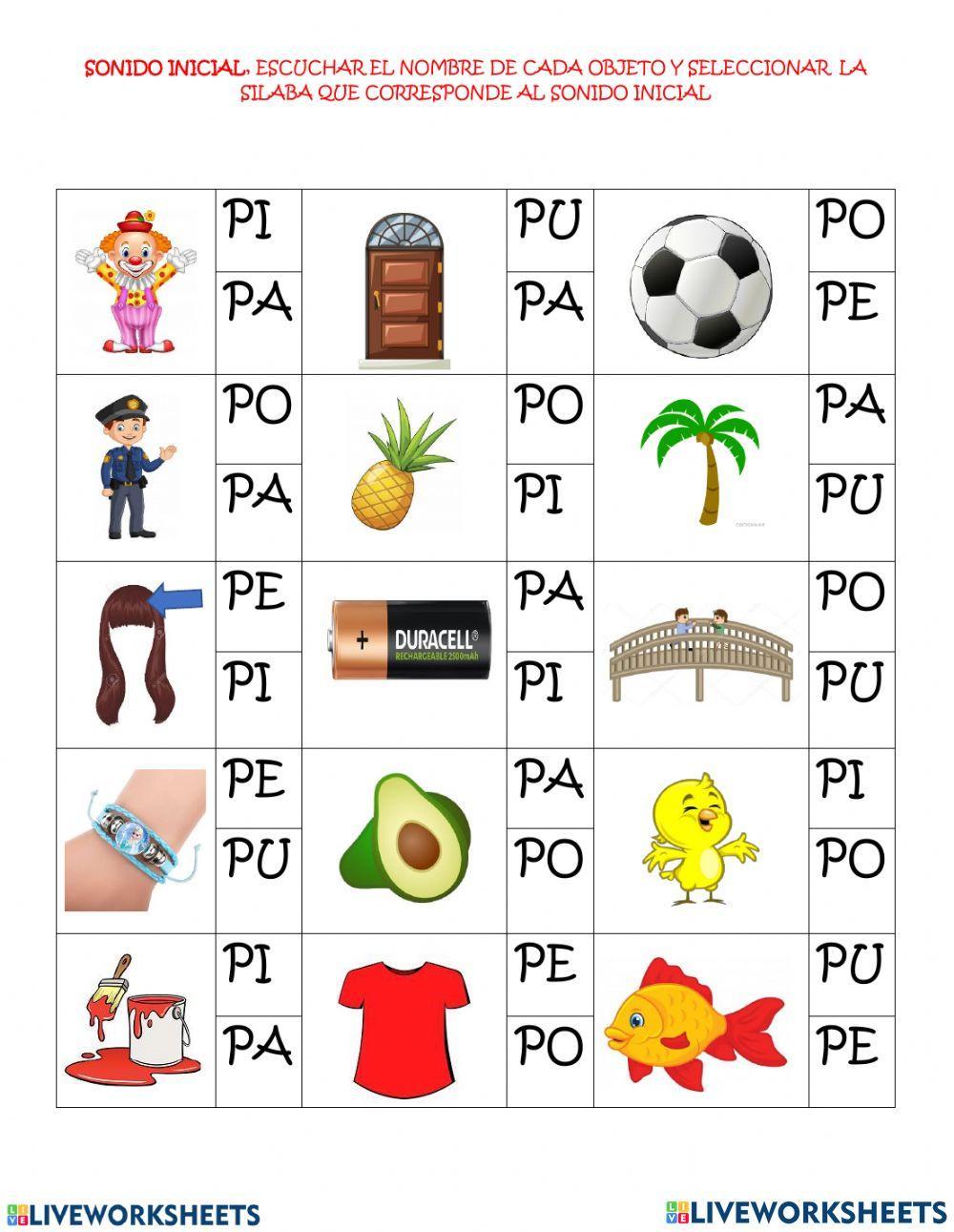 Selecciona la silaba inicial