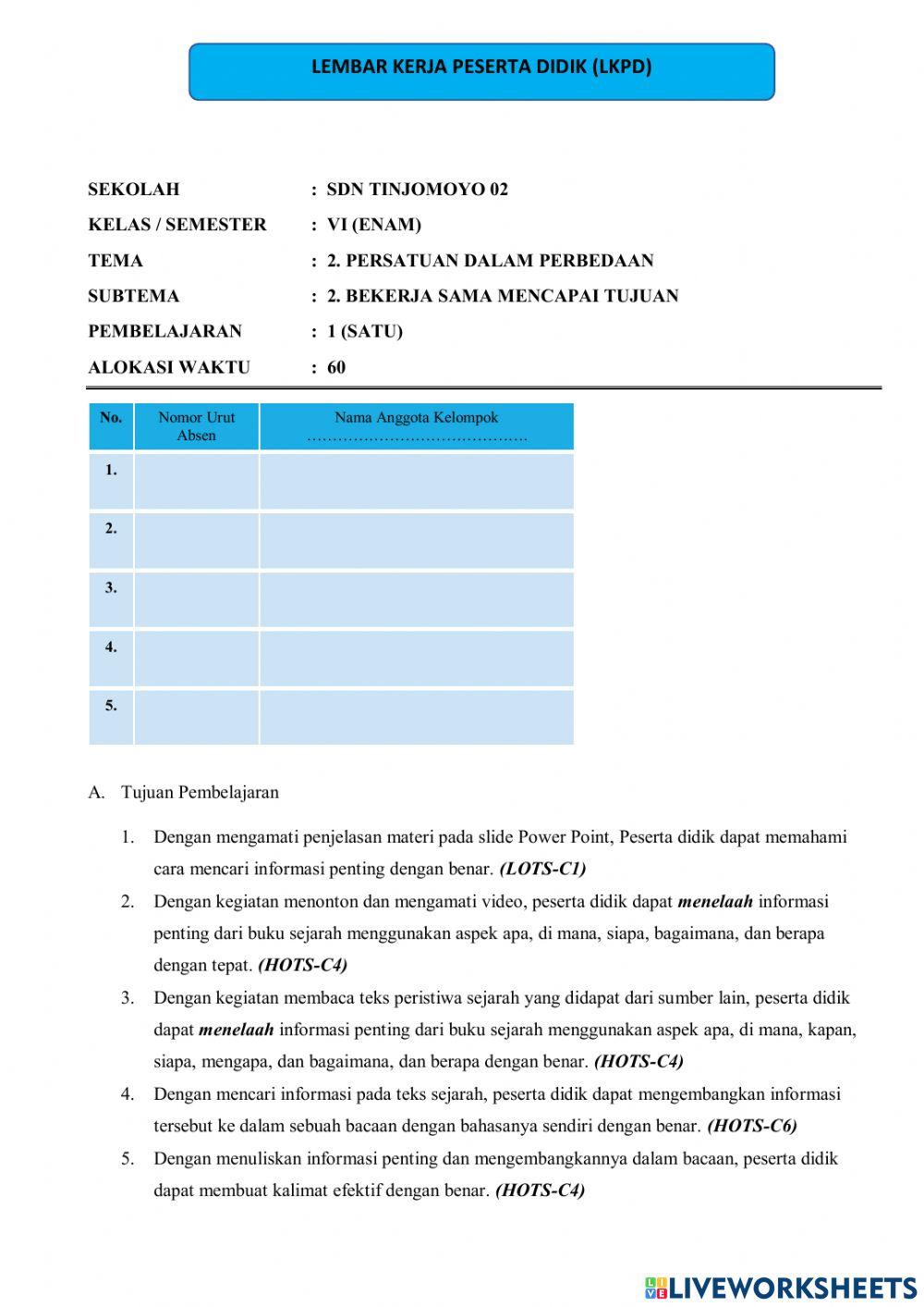 LKPD Tema 2 Subtema 2 Pembelajaran 1