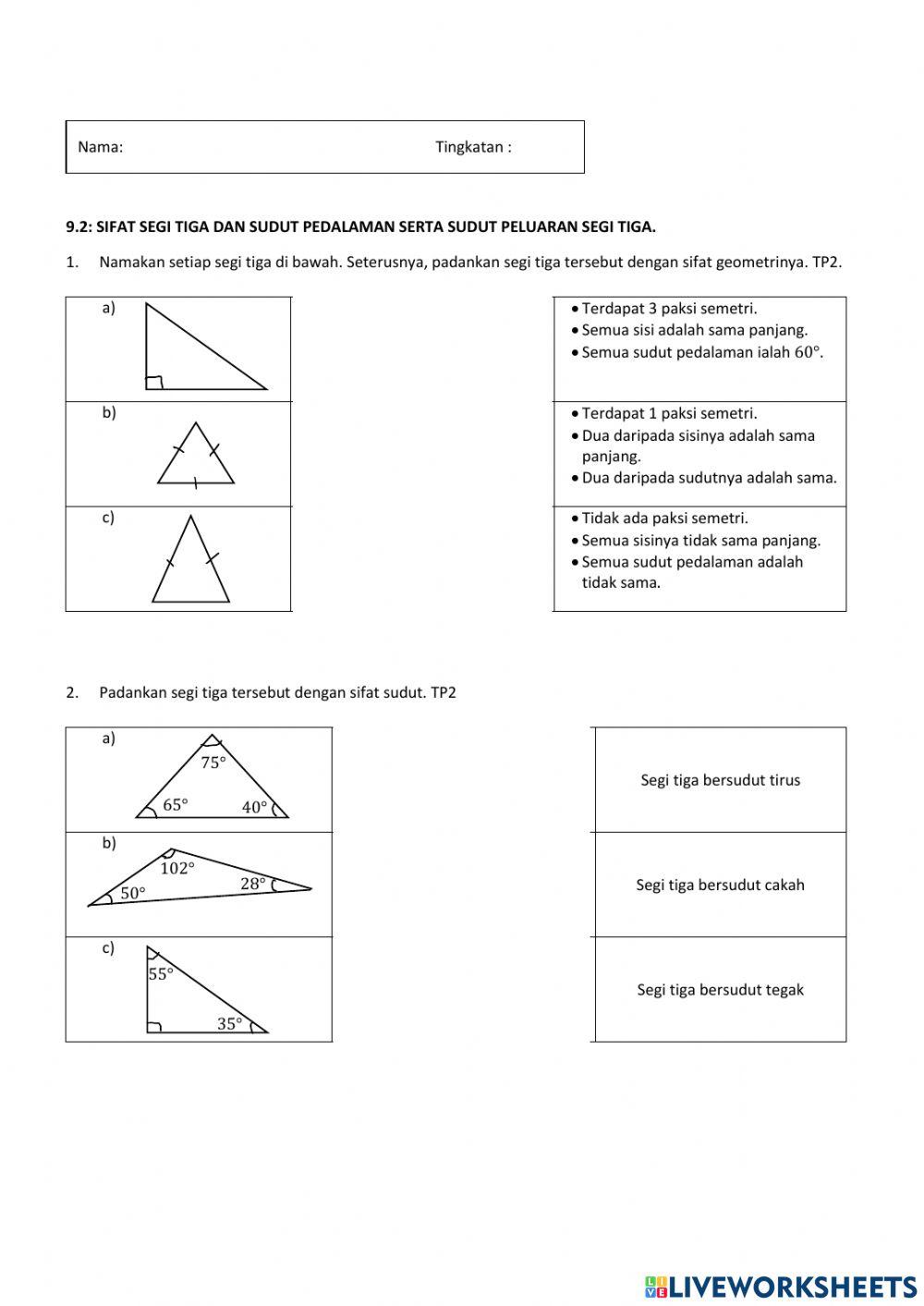 matematik tingkatan 1- 9.2-SIFAT SEGI TIGA DAN SUDUT PEDALAMAN SERTA SUDUT PELUARAN SEGI TIGA.