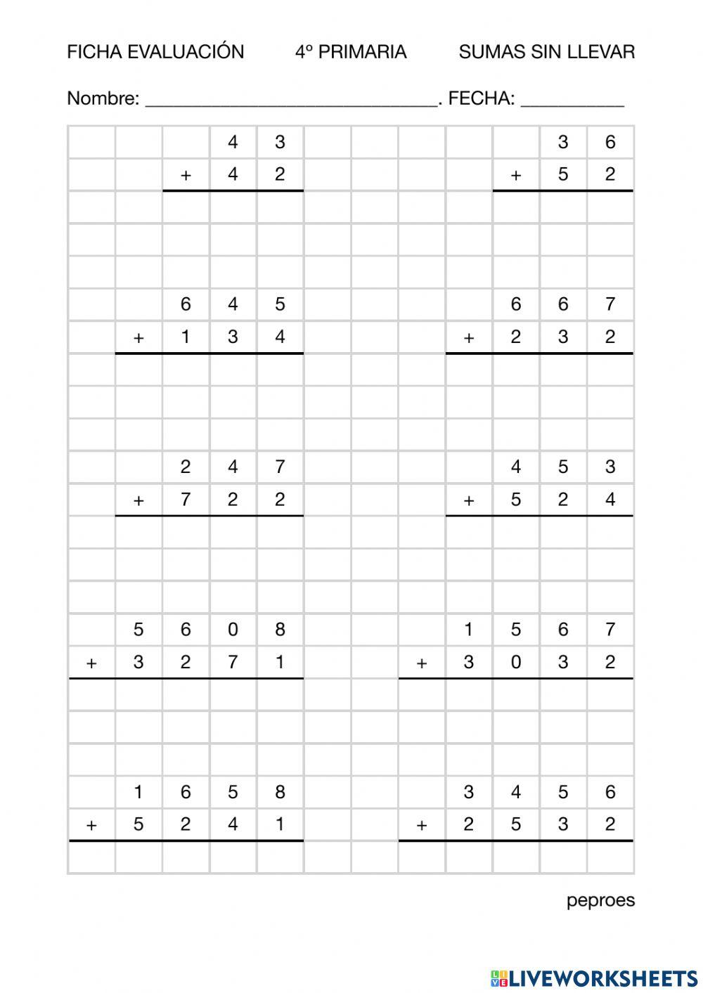 Ficha evaluación sumas sin llevar 4º primaria