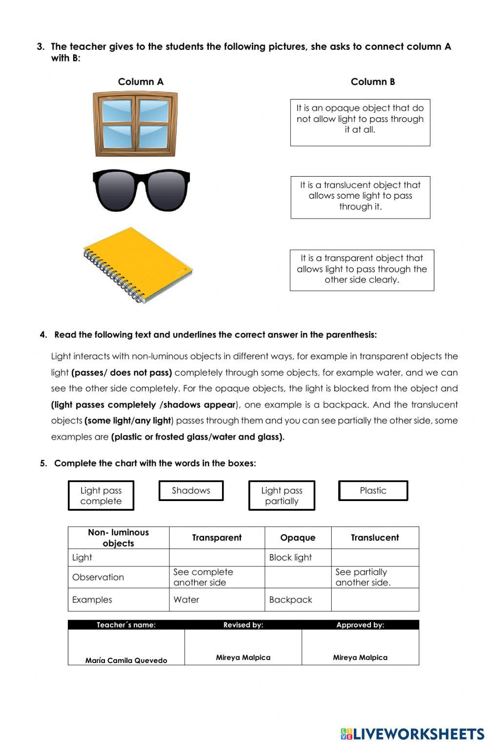 3r grade: Non Luminnous objects