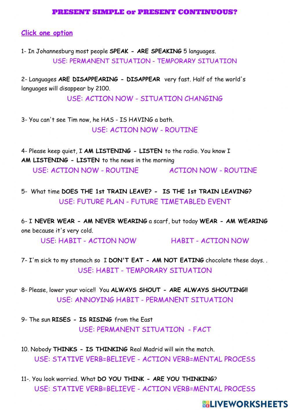 Uses of Present Simple and Continuous