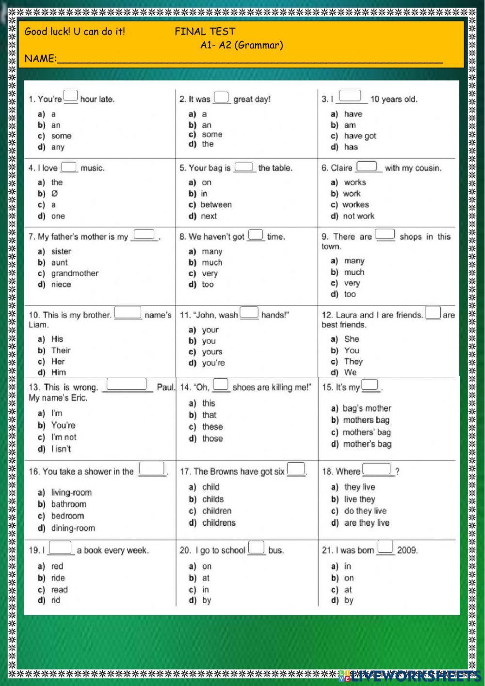 English test A1 A2