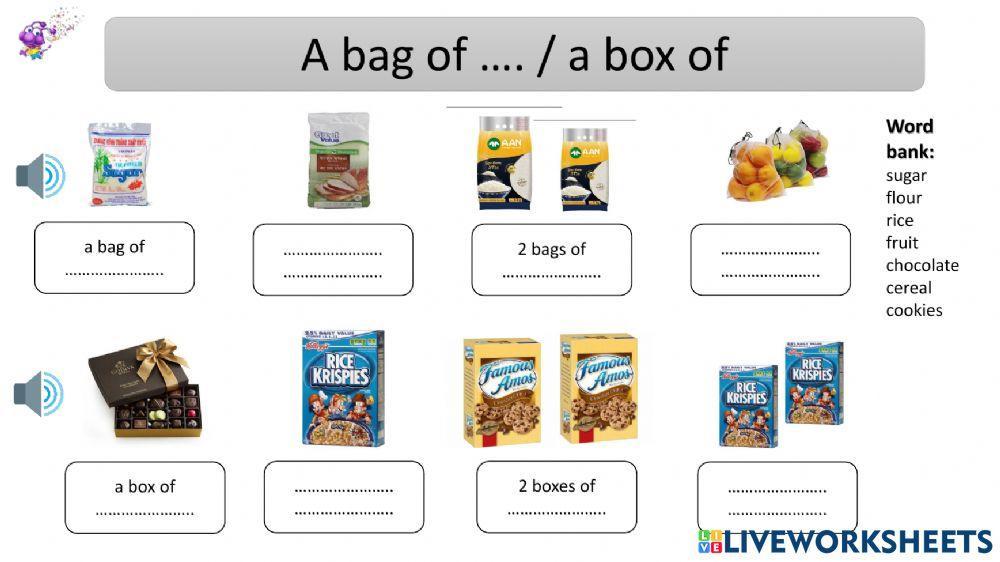 Quantifiers (A  bottle of- A bag of- a box of)