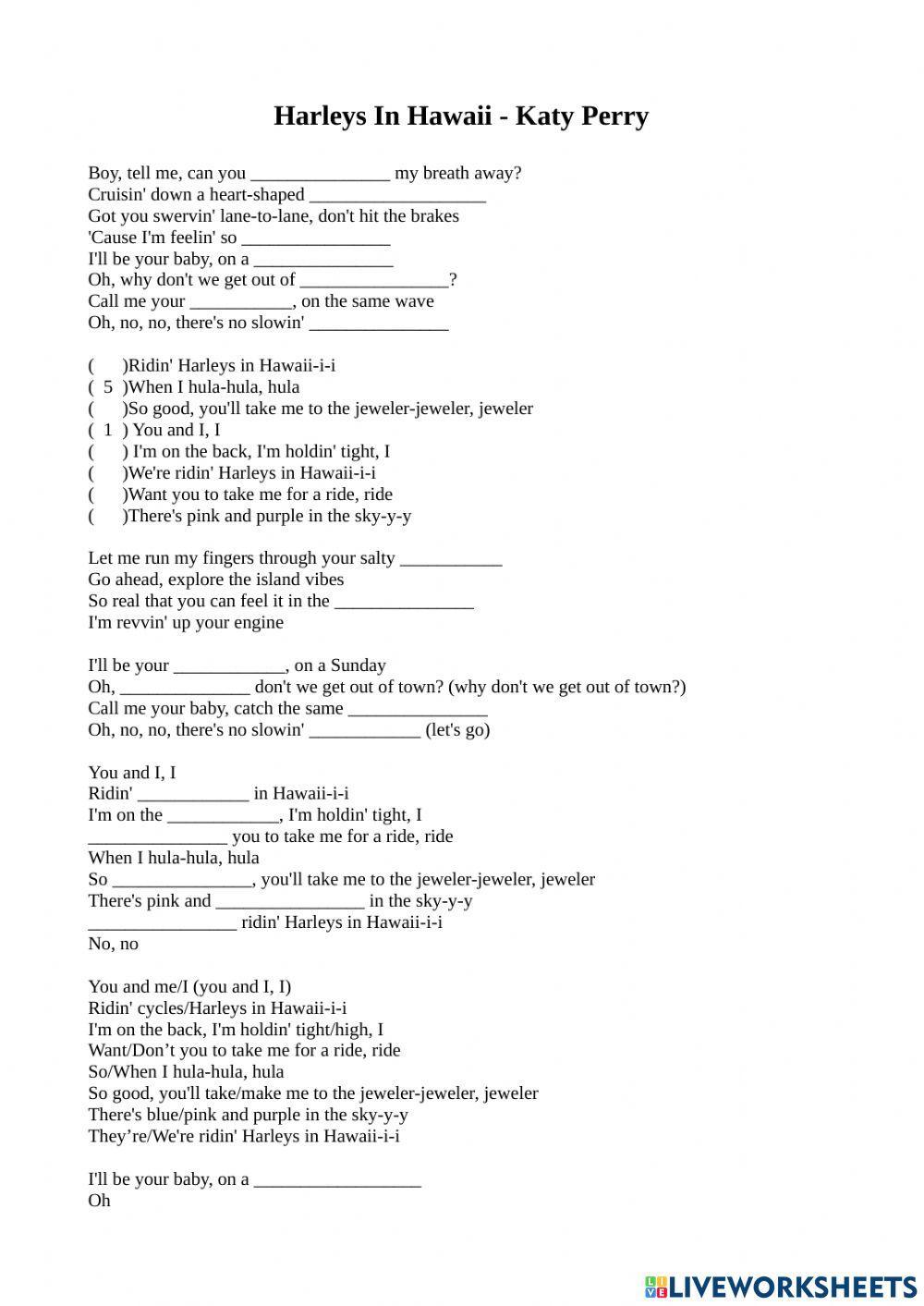 Song - Harleys in Hawaii - Pre-Intermediate