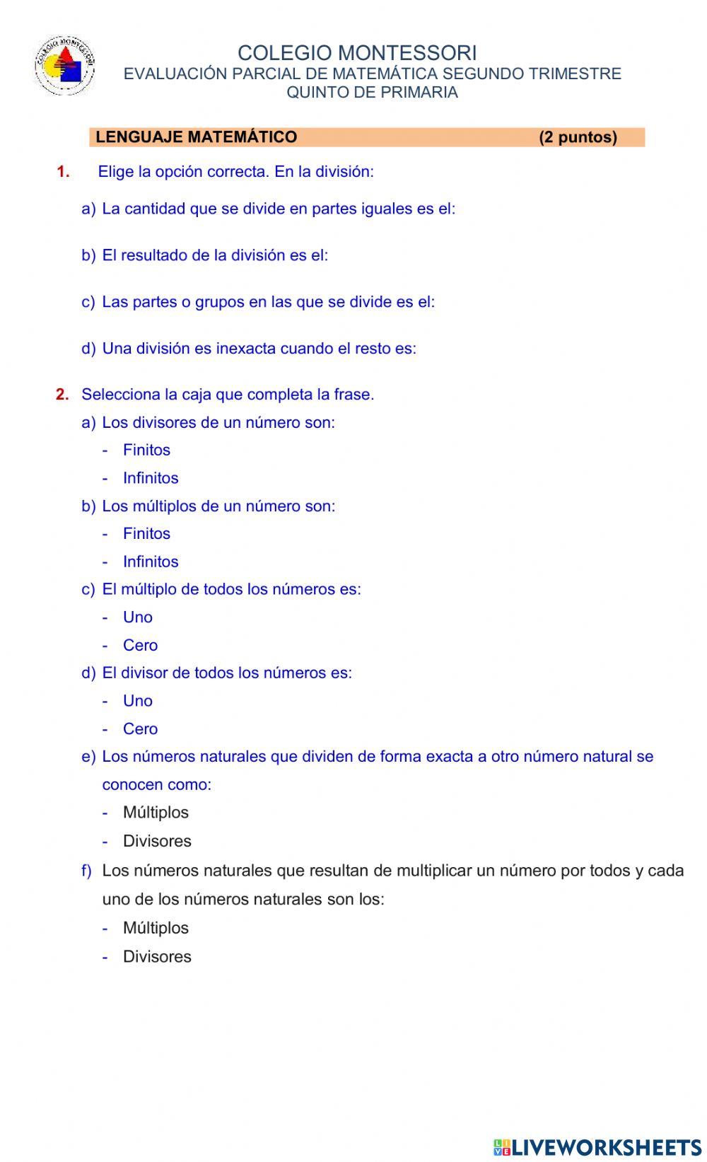 EVALUACIÓN PARCIAL QUINTO DE PRIMARIA 2° TRIMESTRE