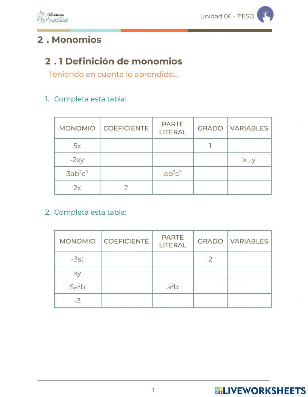 Definición de monomio