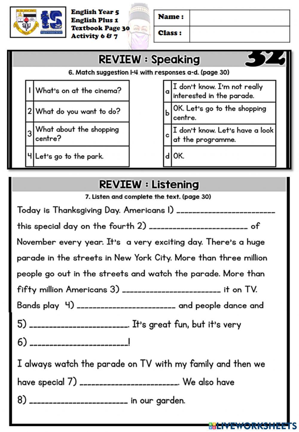 Live worksheet english plus 1 year 5 textbook page 30 activity 6 & 7