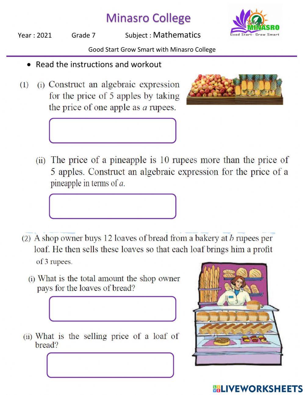 Minasro College G7 Algebraic expression
