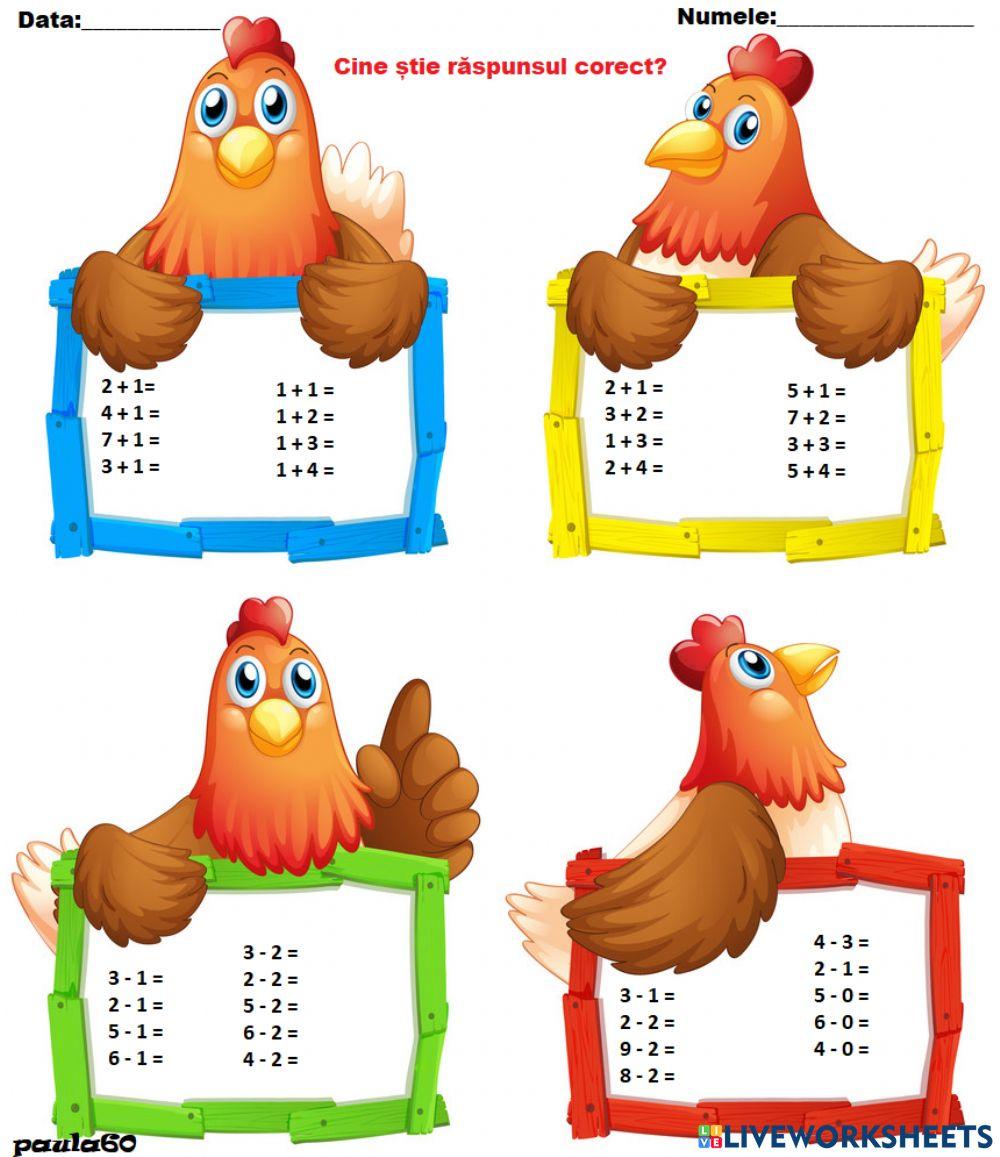 Cine știe răspunsul corect? Adunări și scăderi 0-10 (Fișă de lucru)
