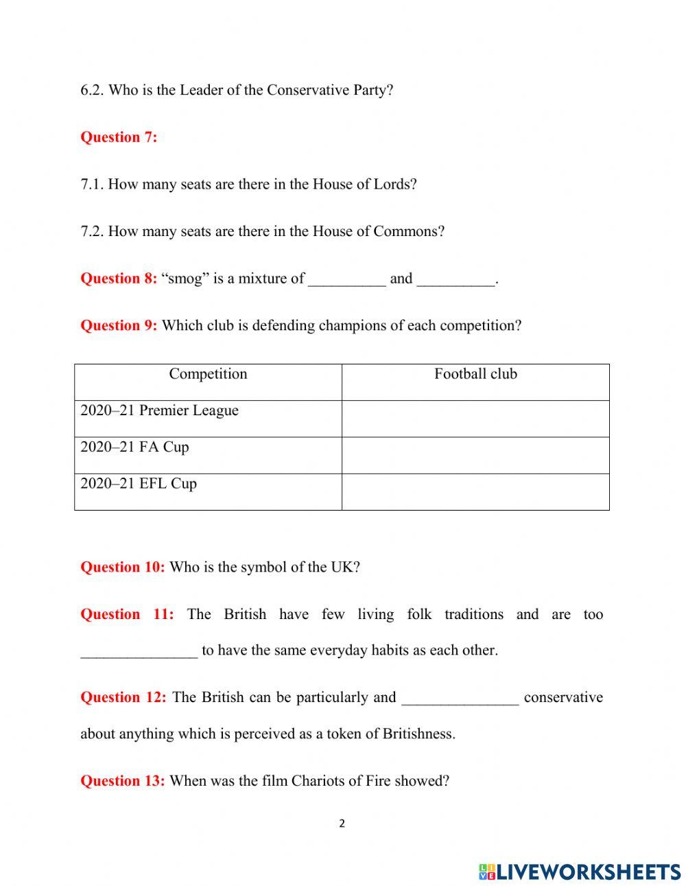 British Culture 1 and 2 (final test)
